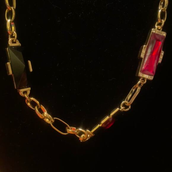 Chico's Gold Tone Layering Chain Necklace with Rectangle Red Black Gem Station - Picture 2 of 6